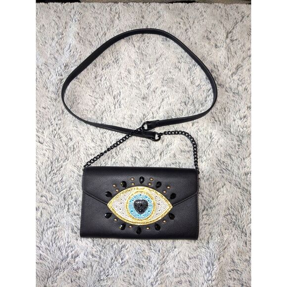 NEW Betsey Johnson Evil Eye Wallet Crossbody Purse Rhinestones Sequins Black - Picture 3 of 10